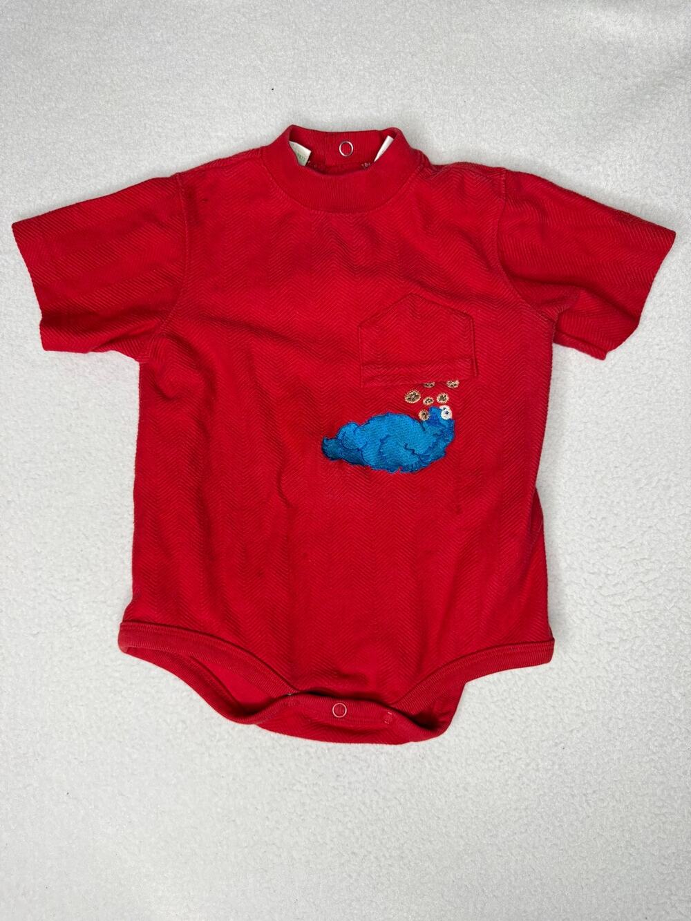 Vintage Sesame Street Cookie Monster Pocket Bodysuit Baby 18M Red Embroidered
